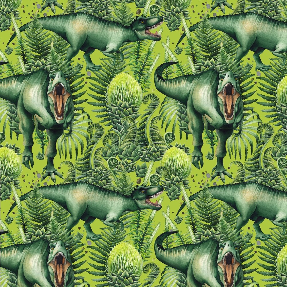 Watercolor T-Rex Fabric - Green/Green