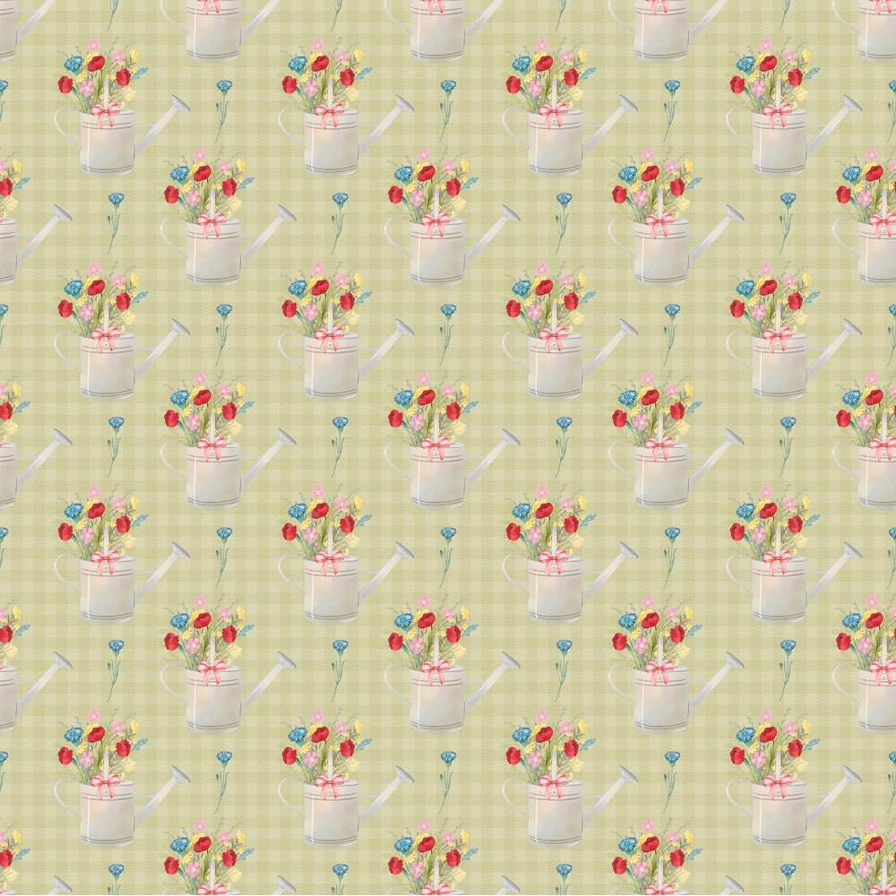 Wild Flowers in Watering Pot on Plaid Fabric - Green