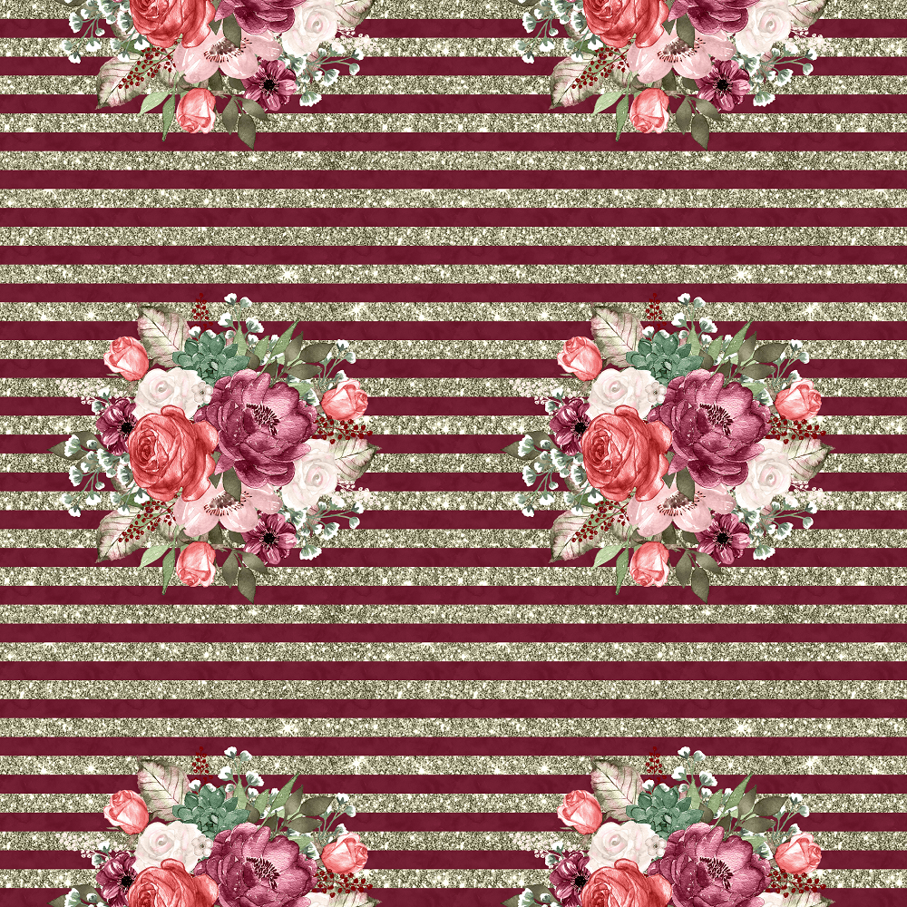 Wildflower Bouquets & Stripes Fabric - Burgundy
