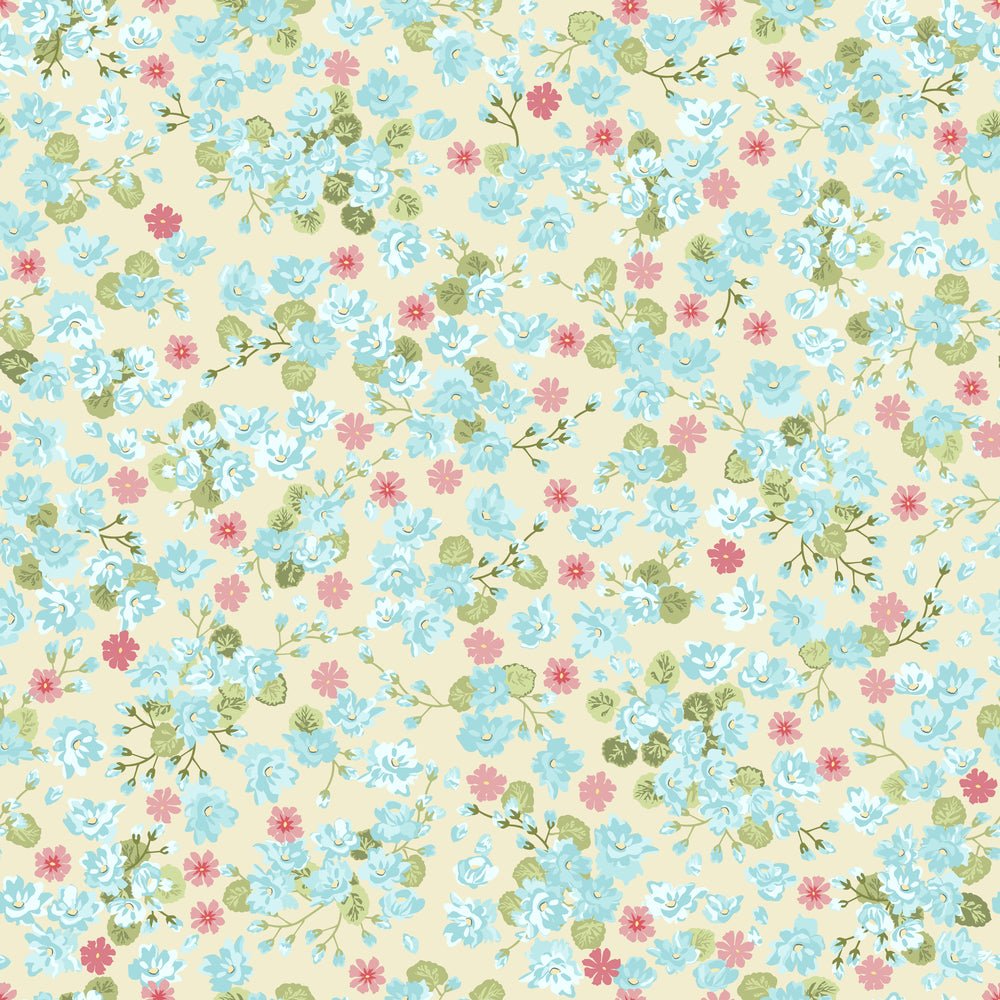 30s Tiny Blue Flowers Millefleurs Fabric - Tan
