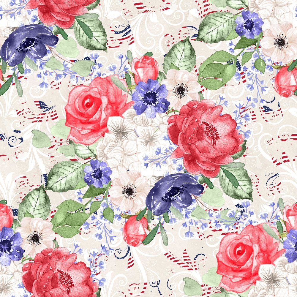 4th of July Floral Allover Fabric - Tan