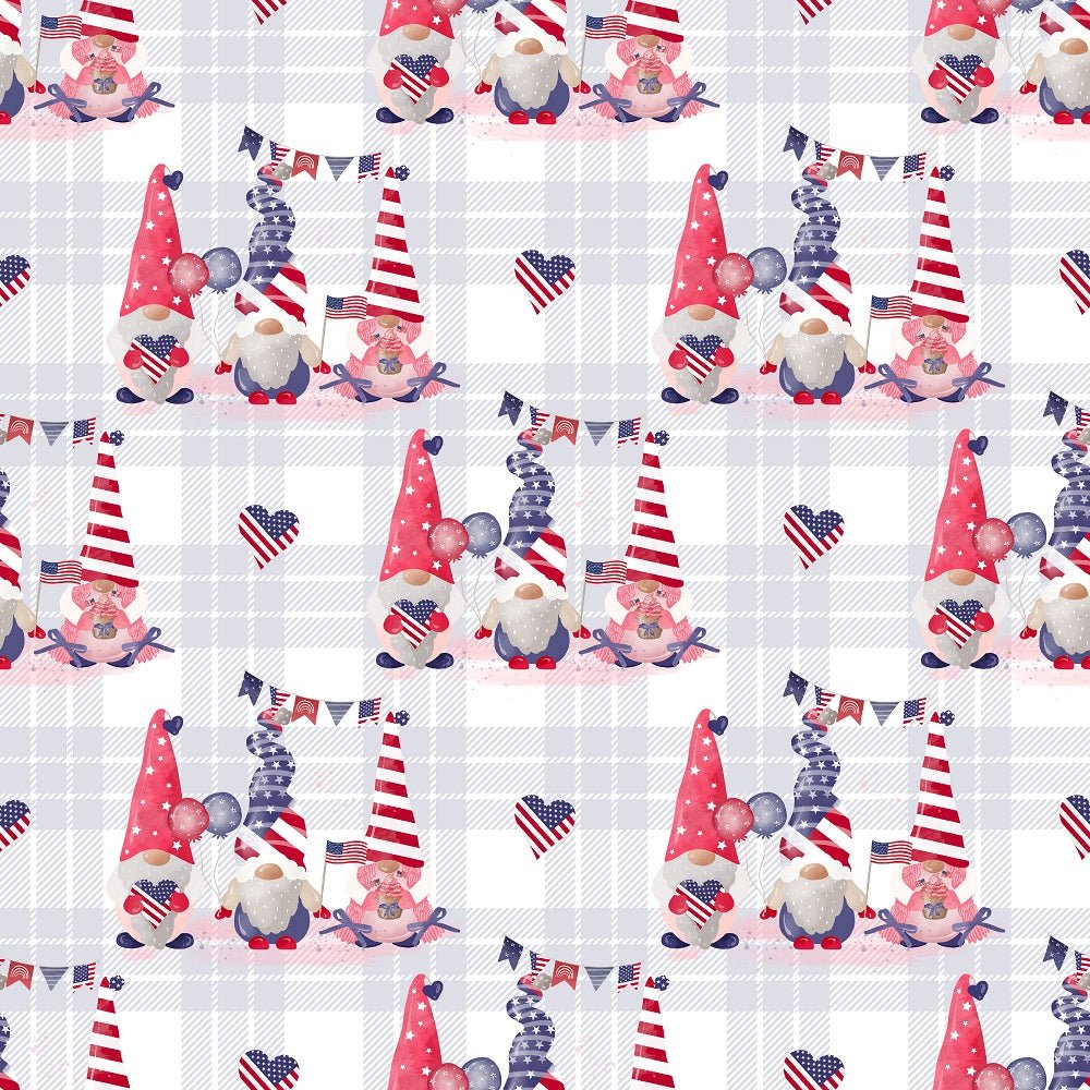 4th of July Gnomes on Plaid Fabric - Blue
