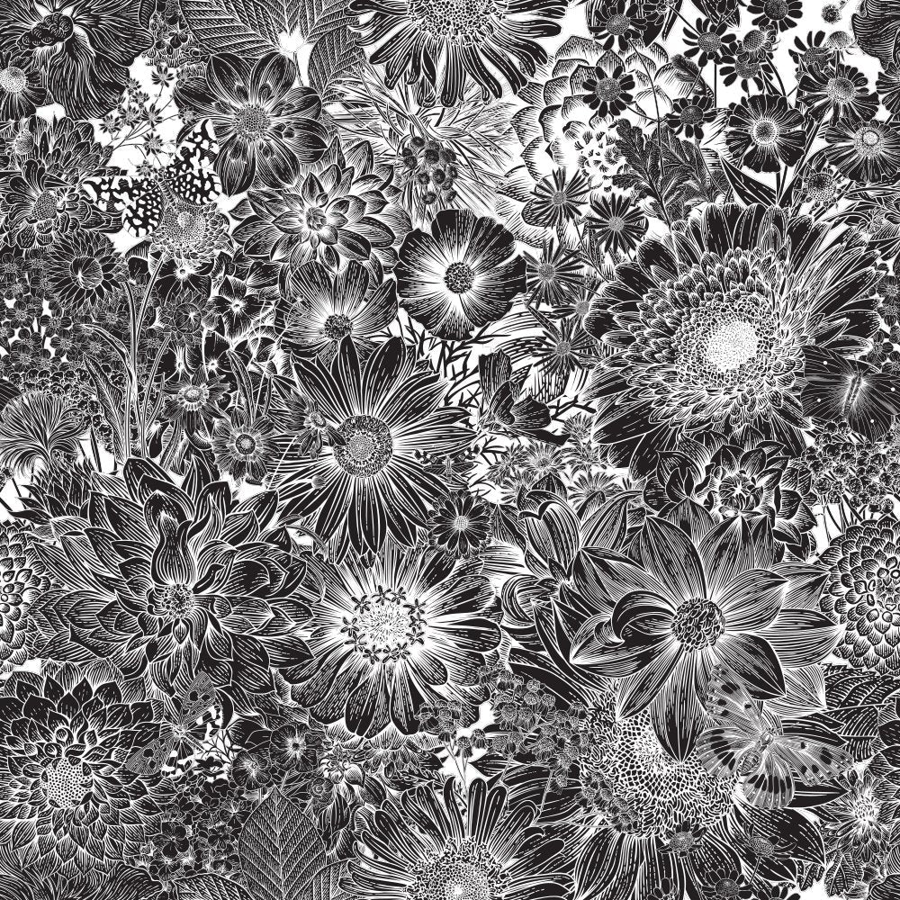 70s Flowers & Butterflies Fabric - Black