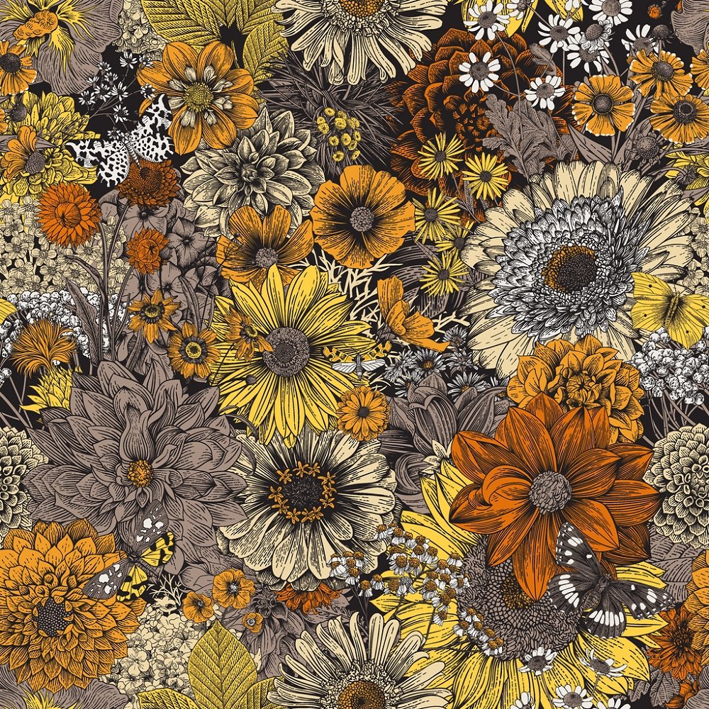 70s Flowers & Butterflies Fabric - Grey