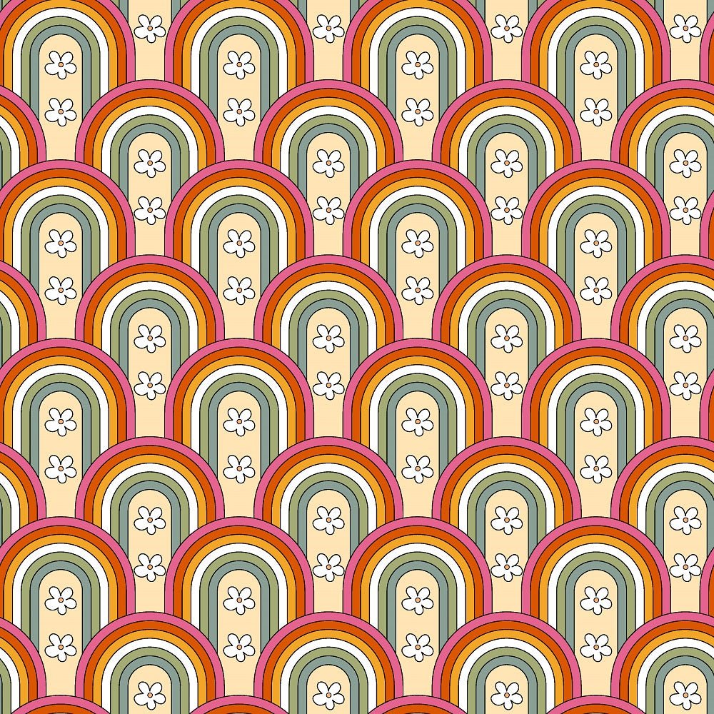 70s Retro Floral Scallops Stripes Fabric