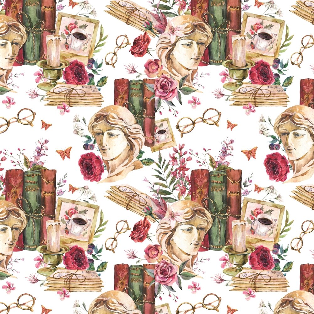 Vintage Books & Sculptures Fabric - White