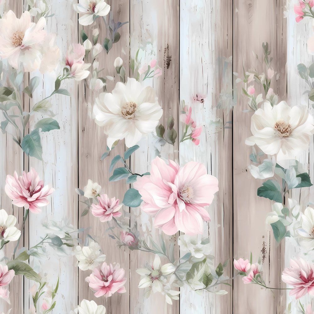 Vintage Florals on Wood Planks #4 Fabric