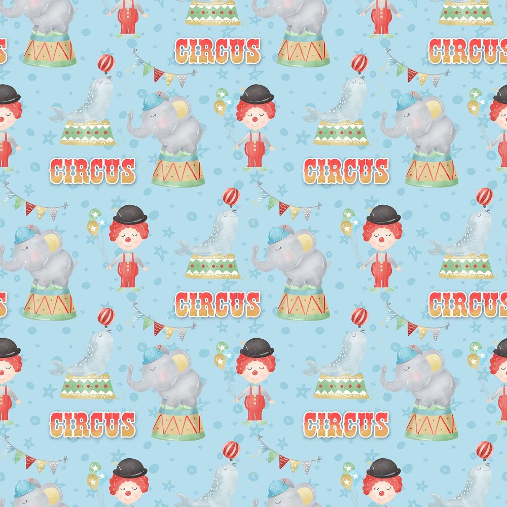 Watercolor Circus Scene 2 on Stars Fabric - Blue