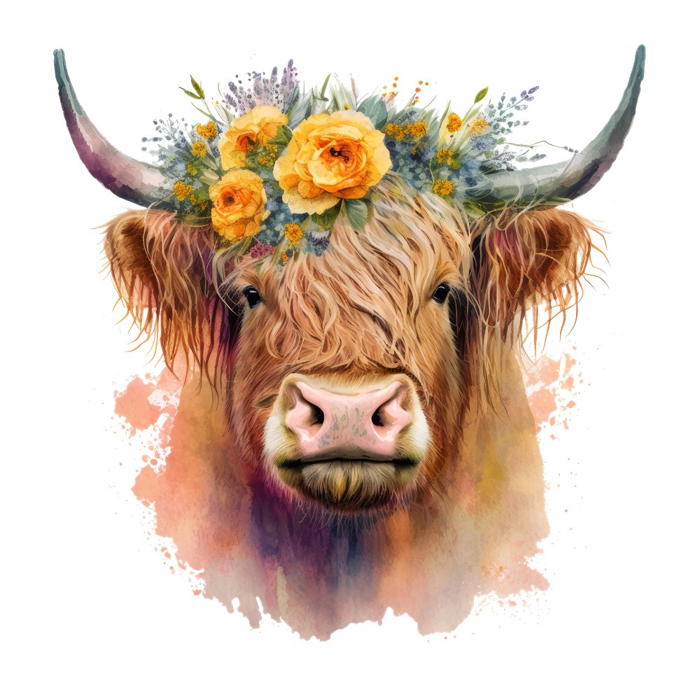 Watercolor Floral Highland Cow #11 Fabric Panel