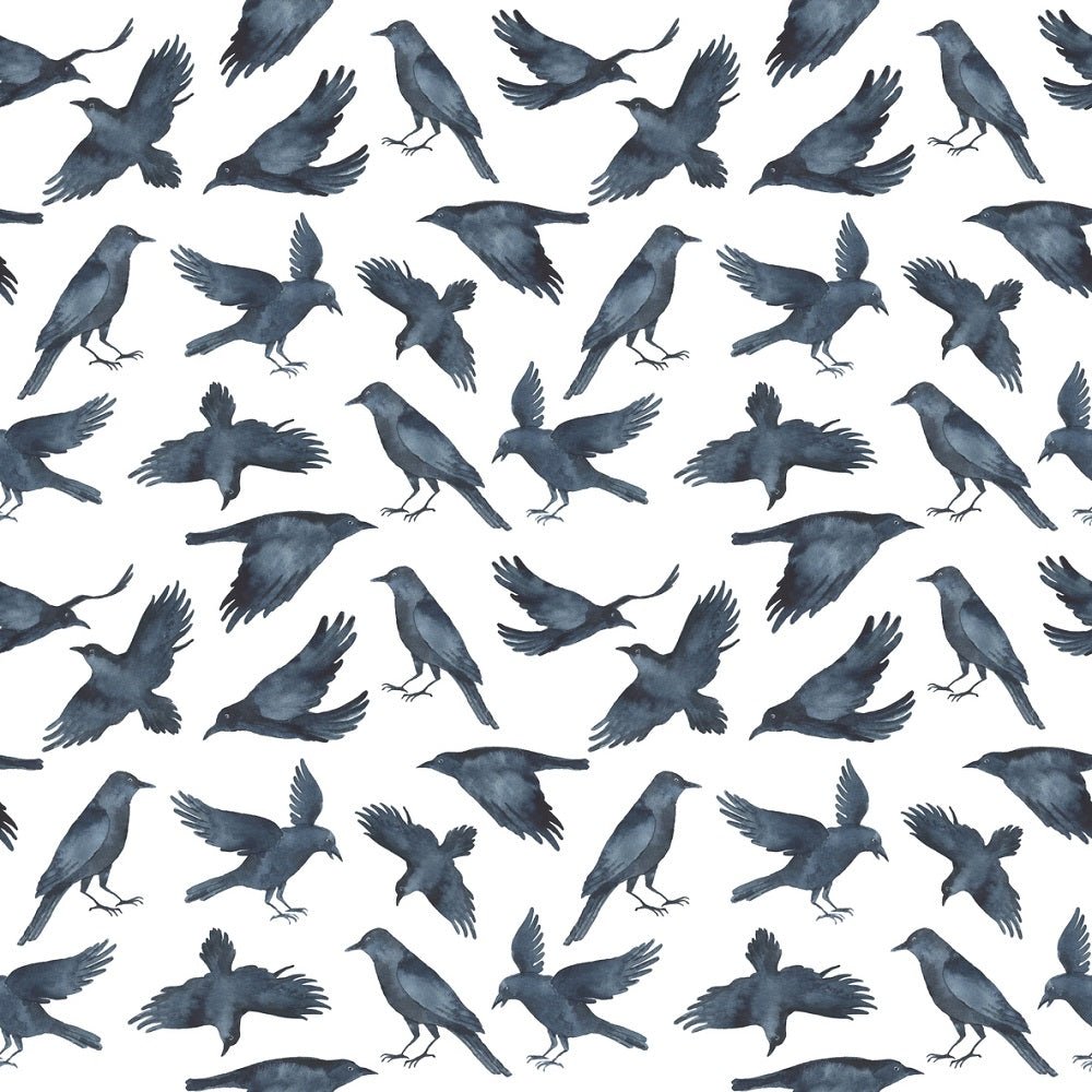 Watercolor Ravens Fabric - White