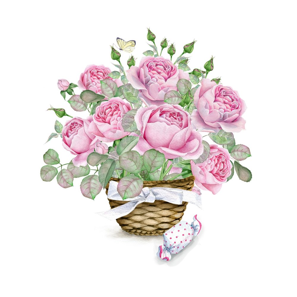 Watercolor Rose Basket Fabric Panel - Pink