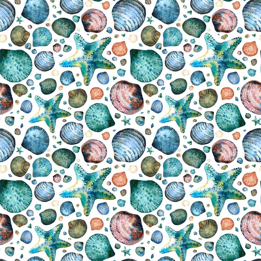 Watercolor Seashells and Starfish Fabric