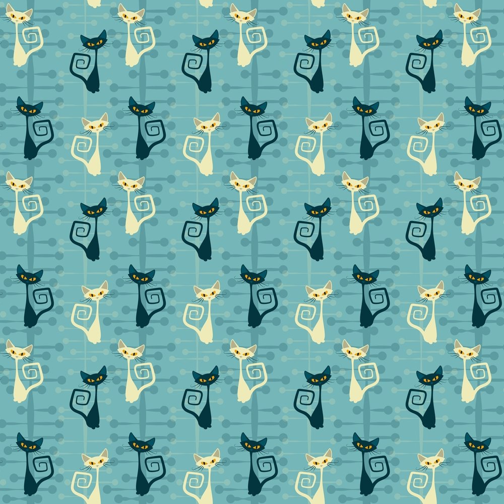 1950s Atomic Cats Pattern #10 Fabric - Blue