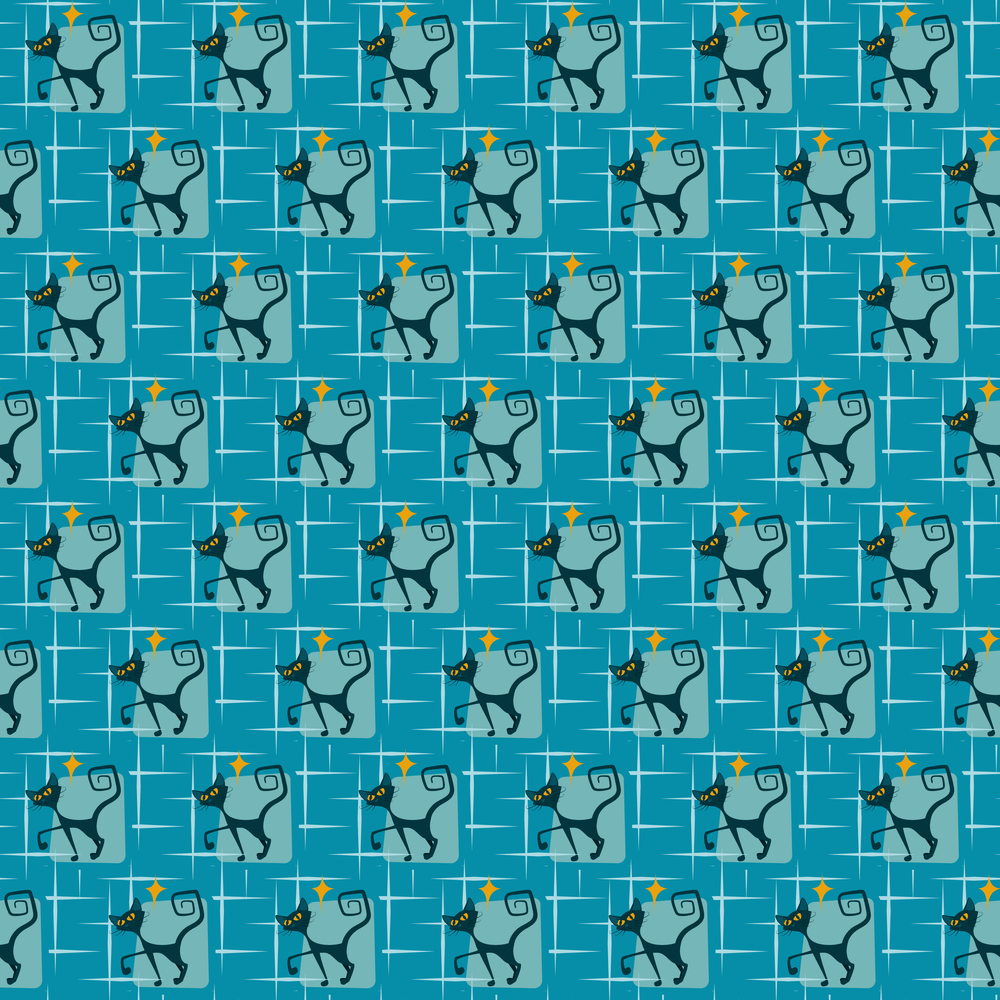 1950s Atomic Cats Pattern #7 Fabric - Blue