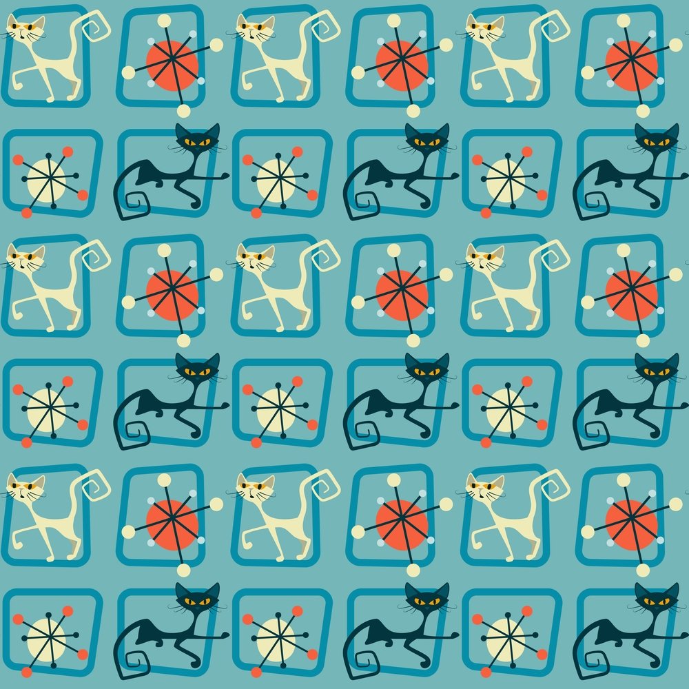 1950s Atomic Cats Pattern #9 Fabric - Blue