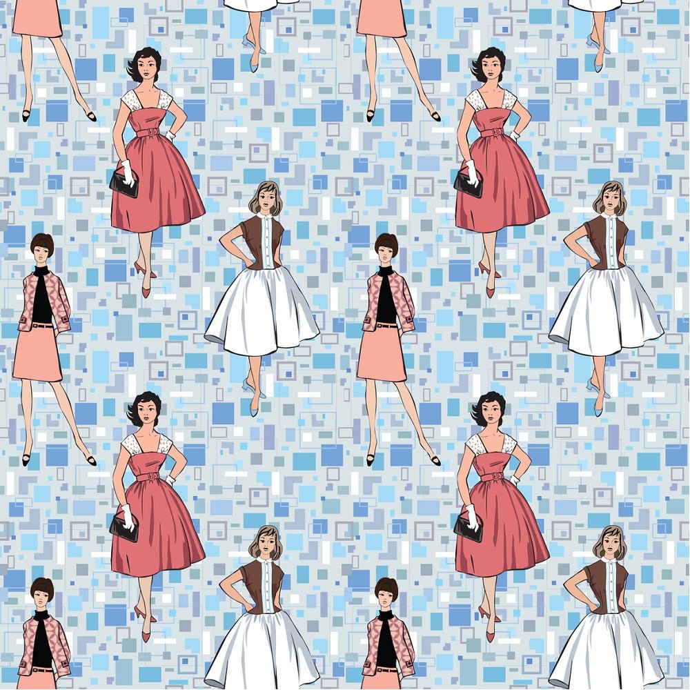 1950s Retro Fashion Fabric - Blue