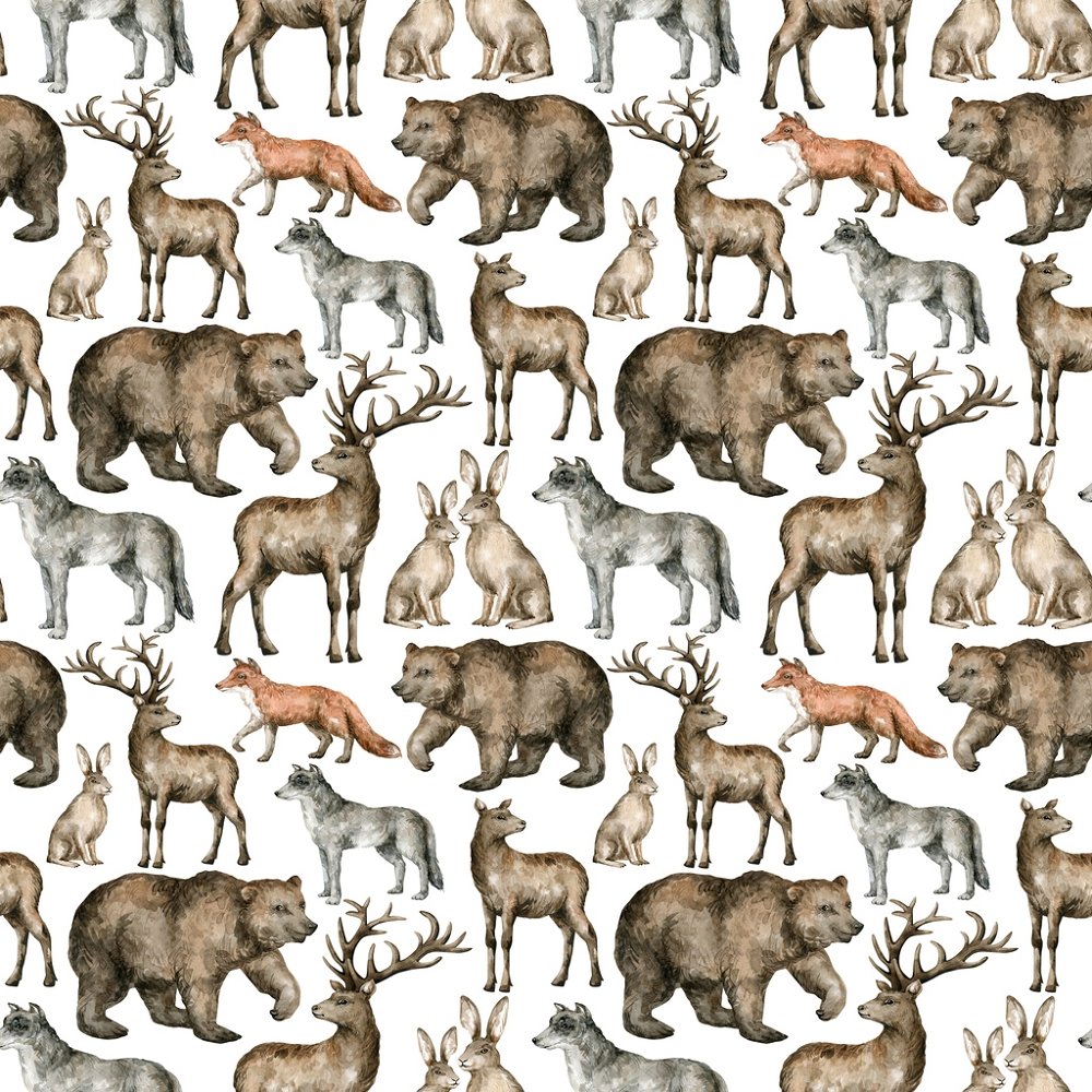 Assorted Packed Wildlife Watercolor Fabric - White