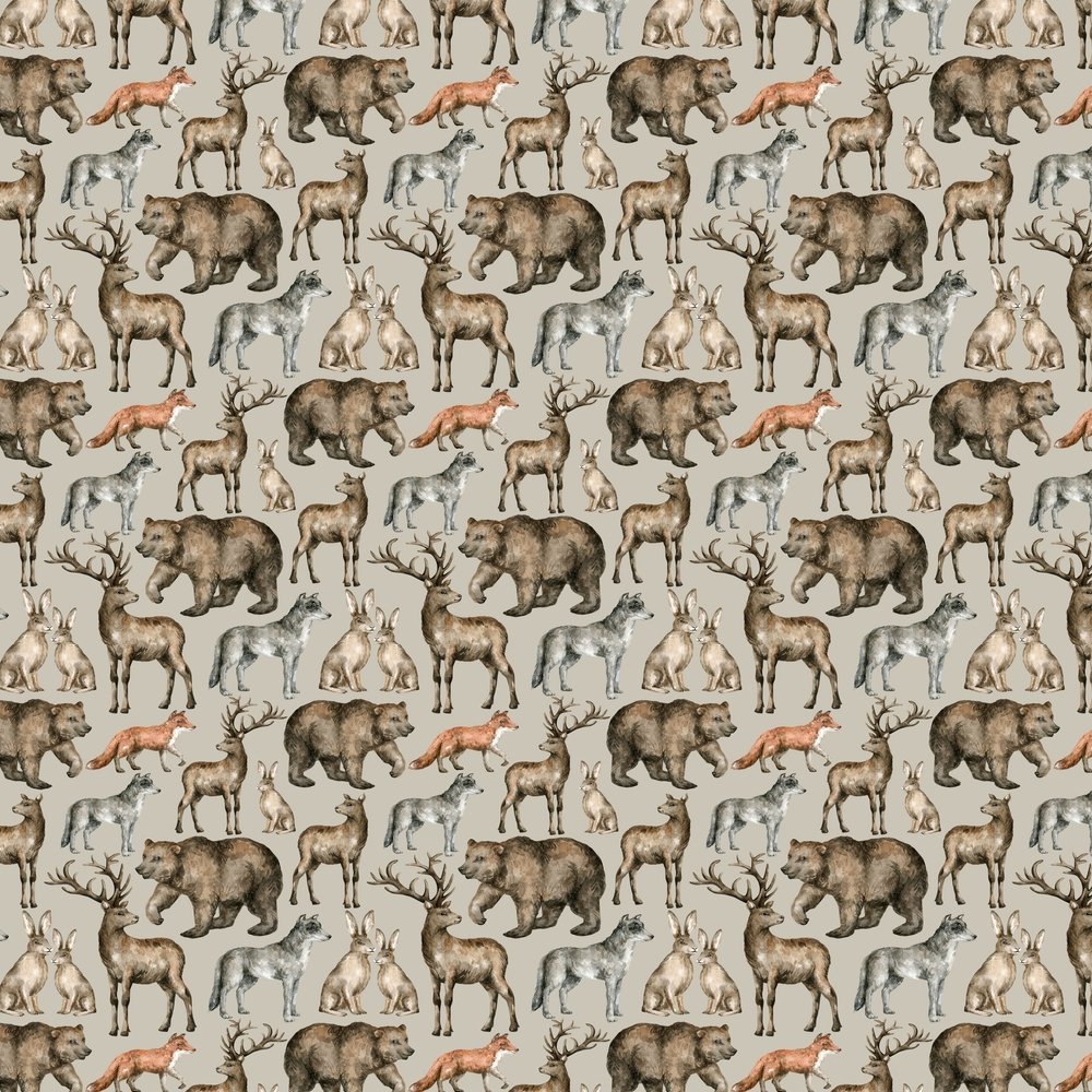 Assorted Wildlife Watercolor Fabric - Tan