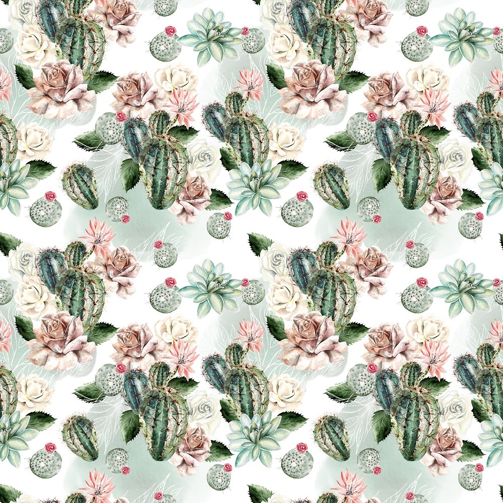 Cactus And Rose Watercolor Fabric