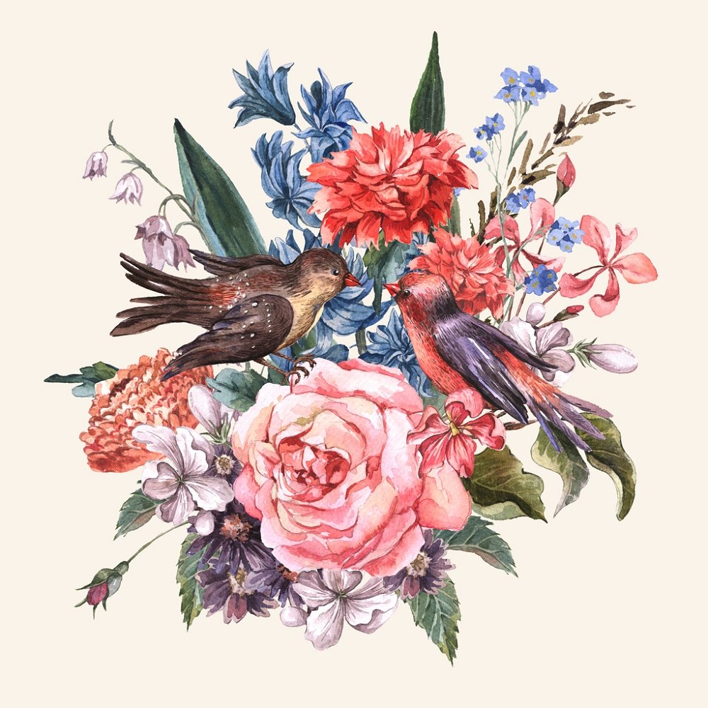 Vintage Birds & Hyacinth Bouquet Fabric Panel