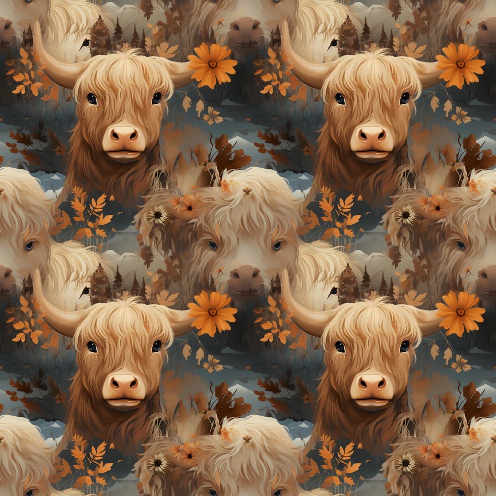Vintage Highland Cows & Flowers #1 Fabric