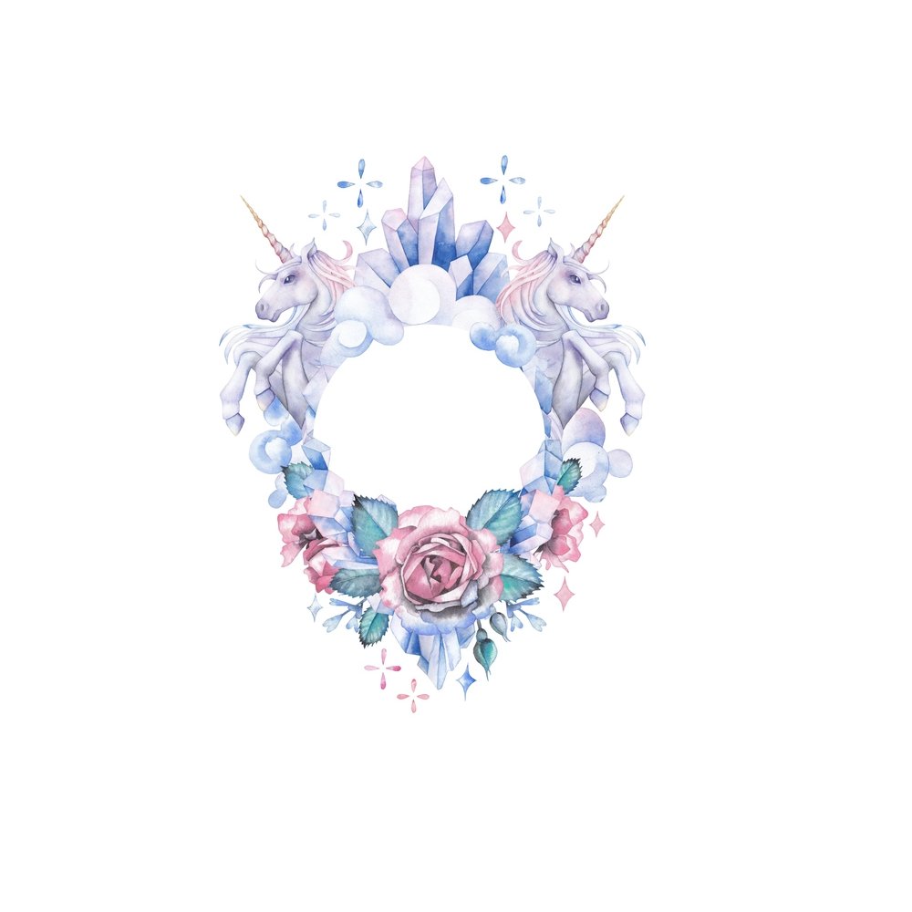 Watercolor Unicorn & Rose Wreath Fabric Panel