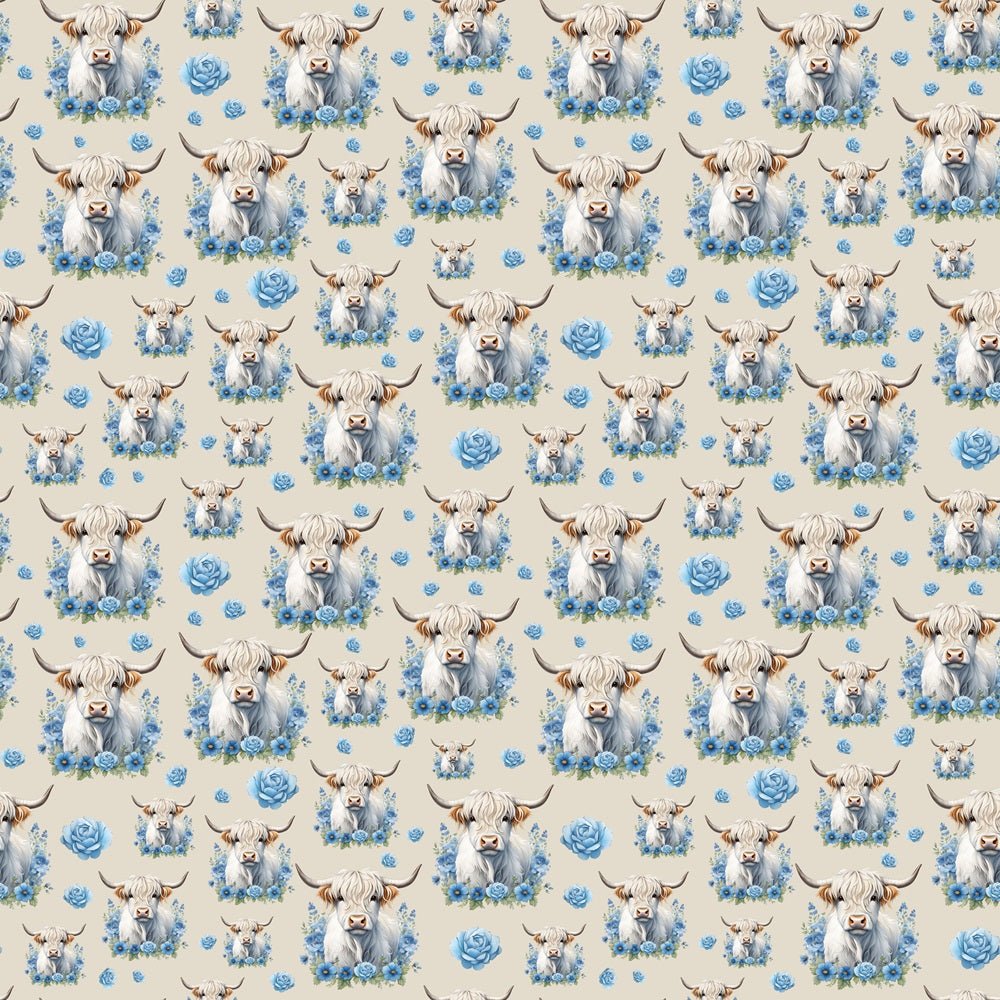 White Highland Cows & Blue Flowers Fabric - Tan