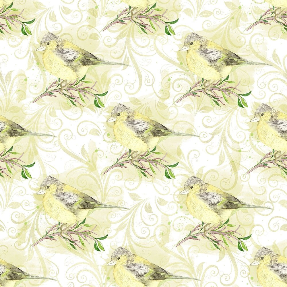 White Hydrangeas Birds on Yellow Leaves Fabric