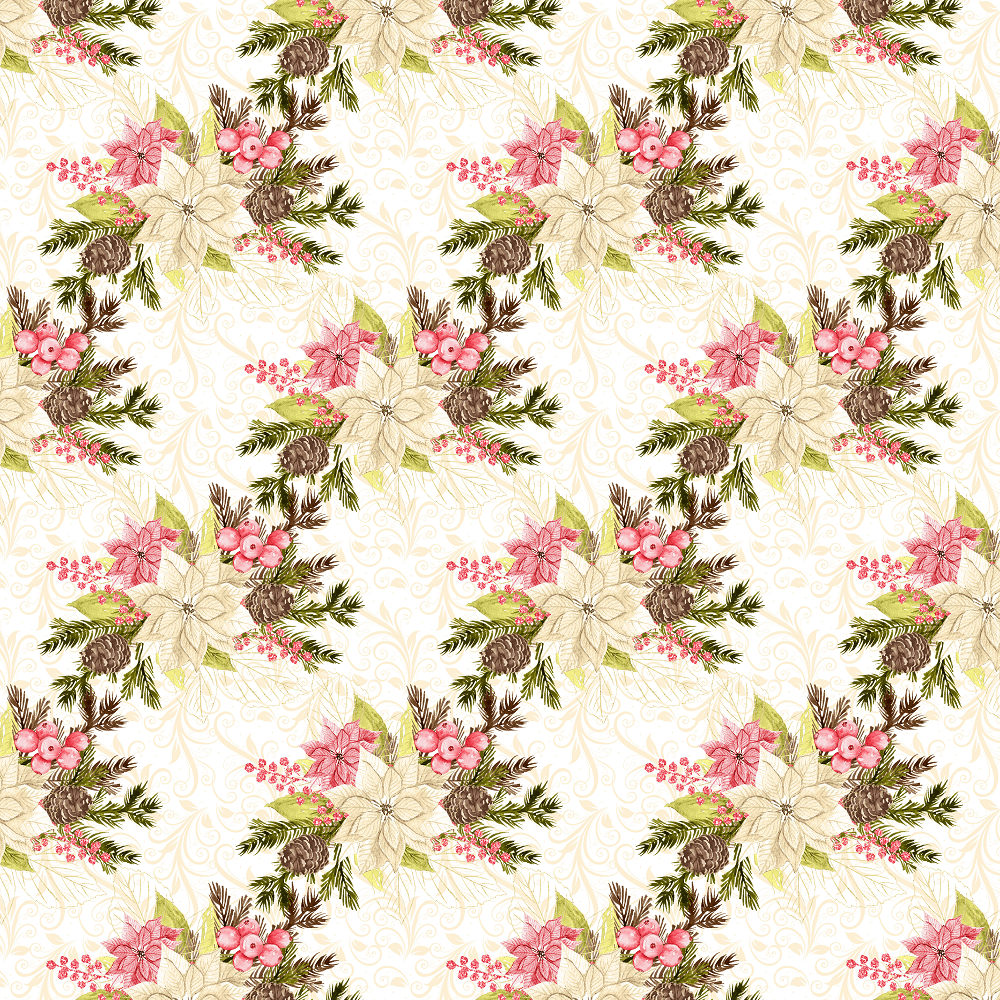Winter Poinsettias & Filigree Fabric - White