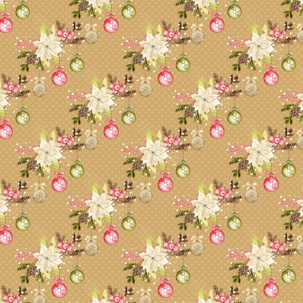 Winter Poinsettias & Ornaments Dotted Fabric - Brown