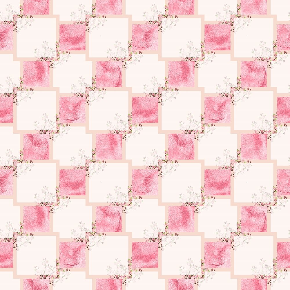 Abstract Squares with Cherry Blossom Bouquets Fabric - Pink