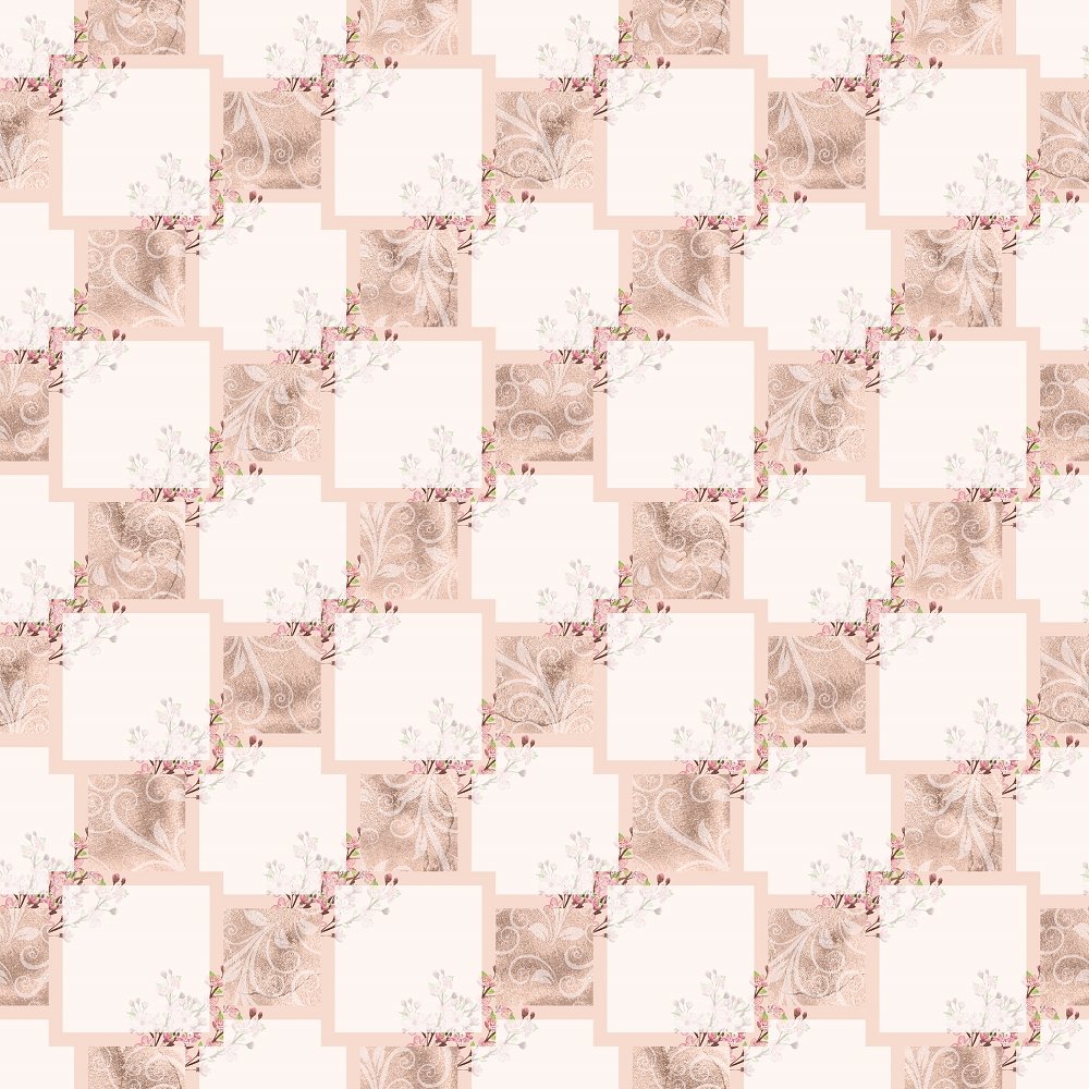 Abstract Squares with Cherry Blossom Bouquets Fabric - Tan