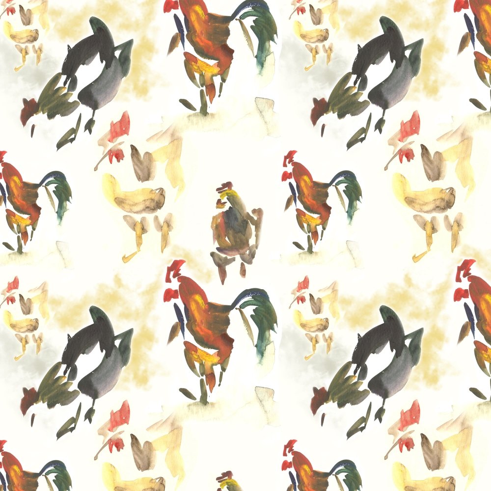 Abstract Watercolor Rooster Fabric