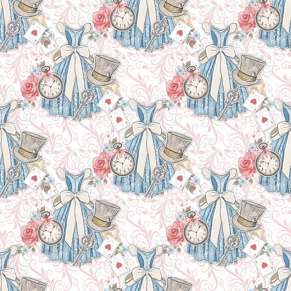 Watercolor Alice in Wonderland Pattern #7 Fabric