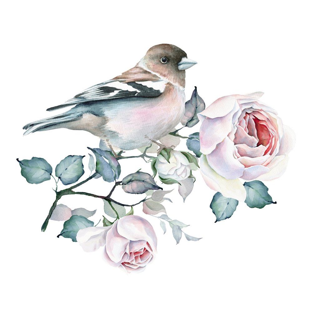 Watercolor Bird Perched on Rose Bouquet Fabric Panel