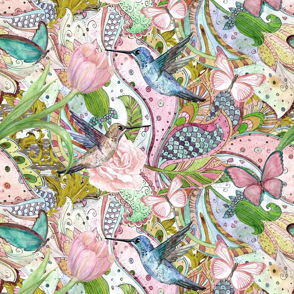 Watercolor Vintage Hummingbirds & Flowers Fabric