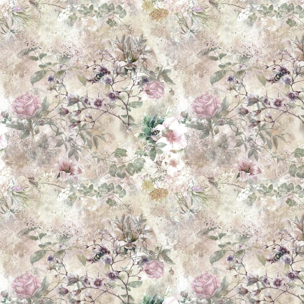 Abstract Colorful Flowers and Bees Fabric