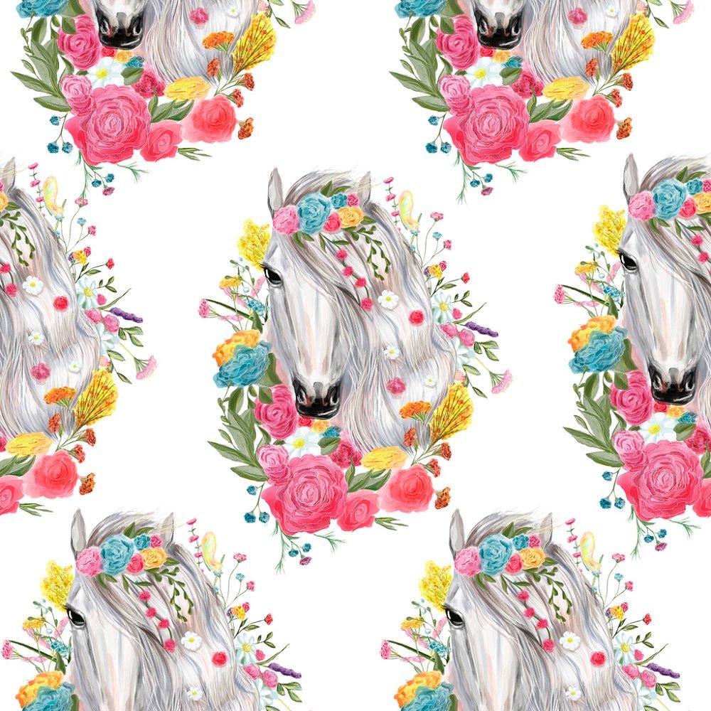 Vintage Floral Horses Pattern #8 Fabric - White