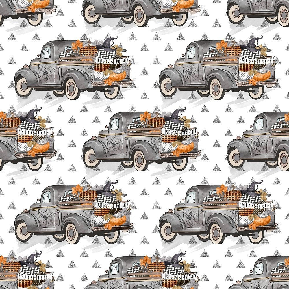 Vintage Trick or Treat Trucks on White Fabric