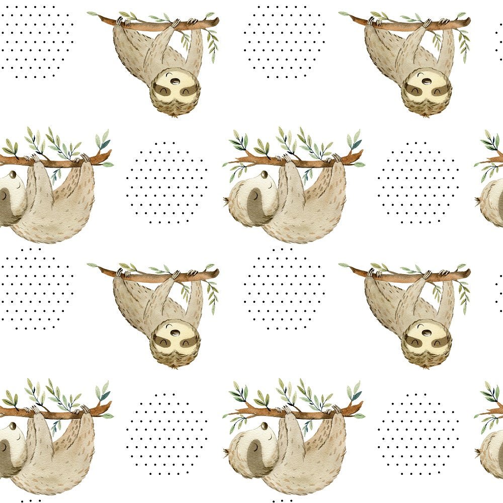 Watercolor Sloths and Dots Fabric - White