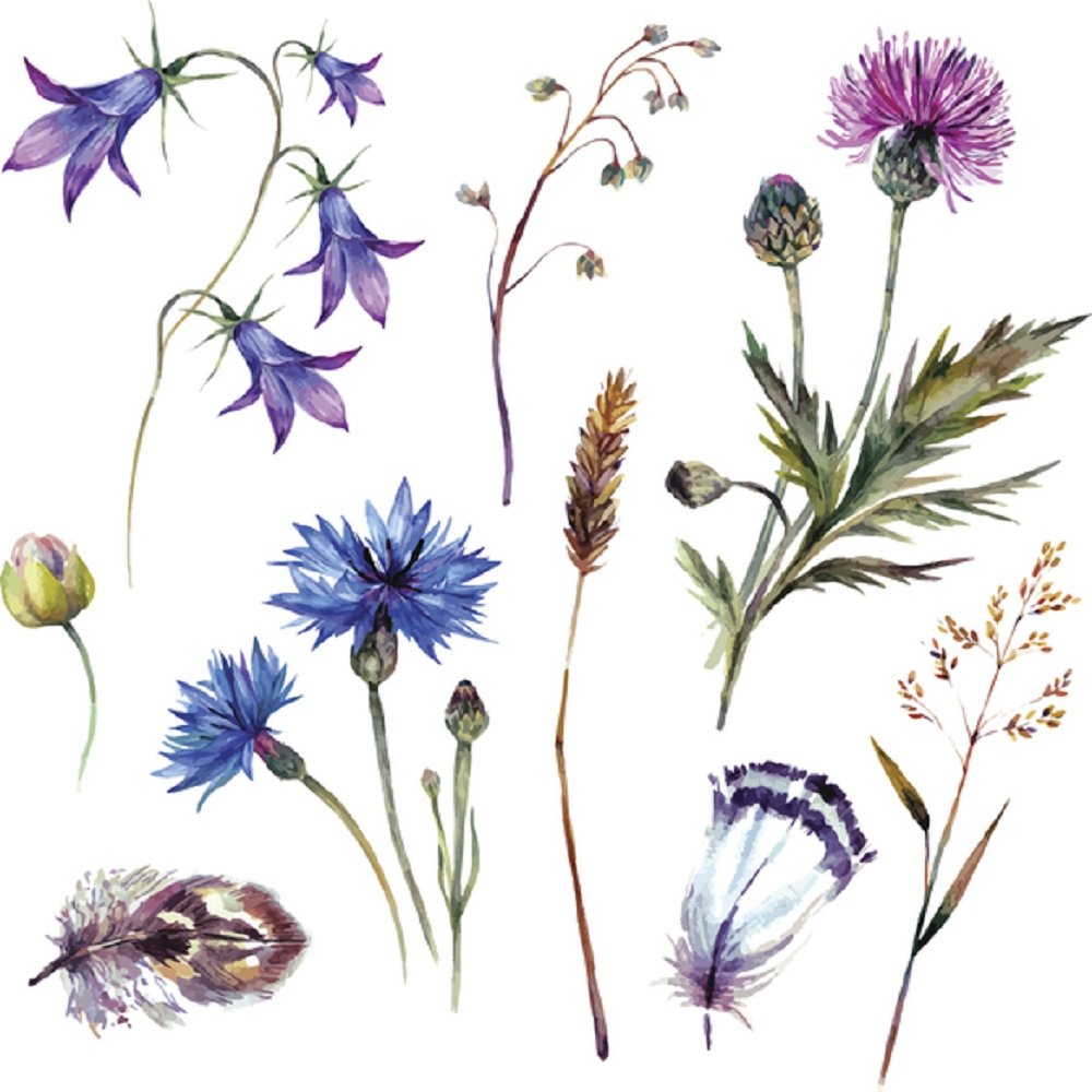 Watercolor Wildflowers Fabric Panel - White