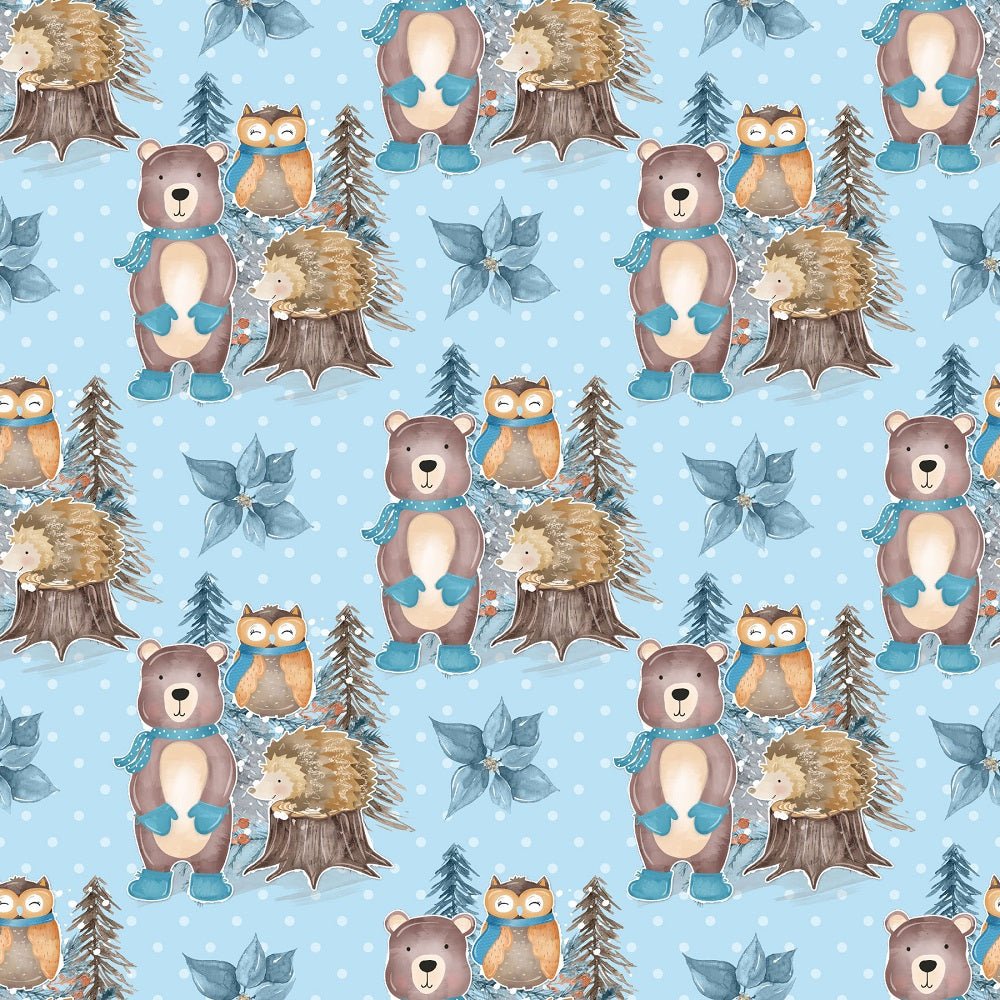 Winter Animals Scene on Dots Fabric - Blue
