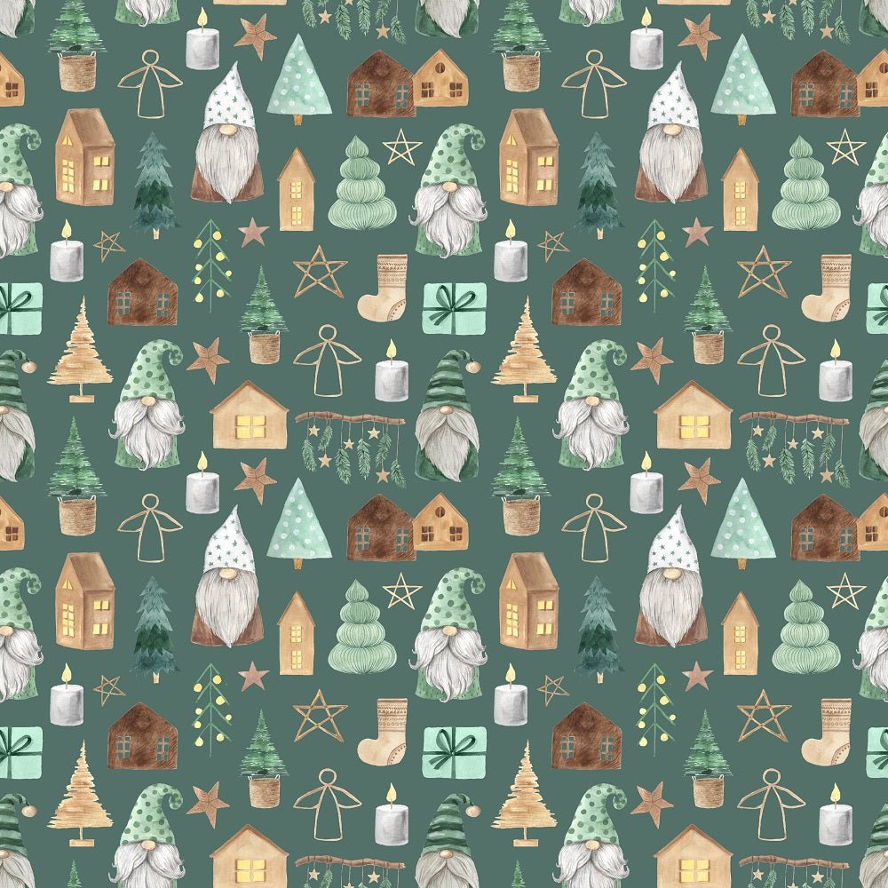 A Nordic Christmas Gnomes Fabric - Green