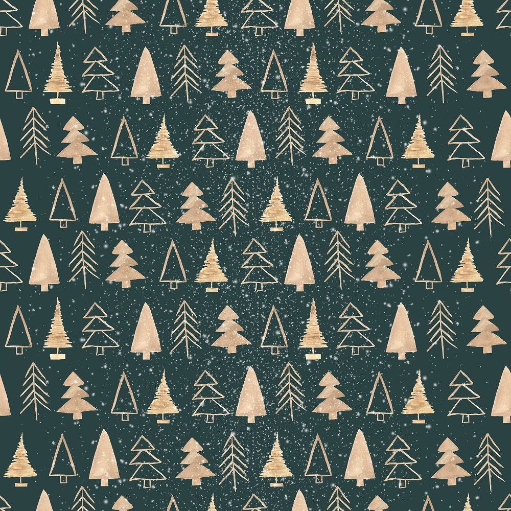 A Nordic Christmas Gold Trees Fabric - Dark Green