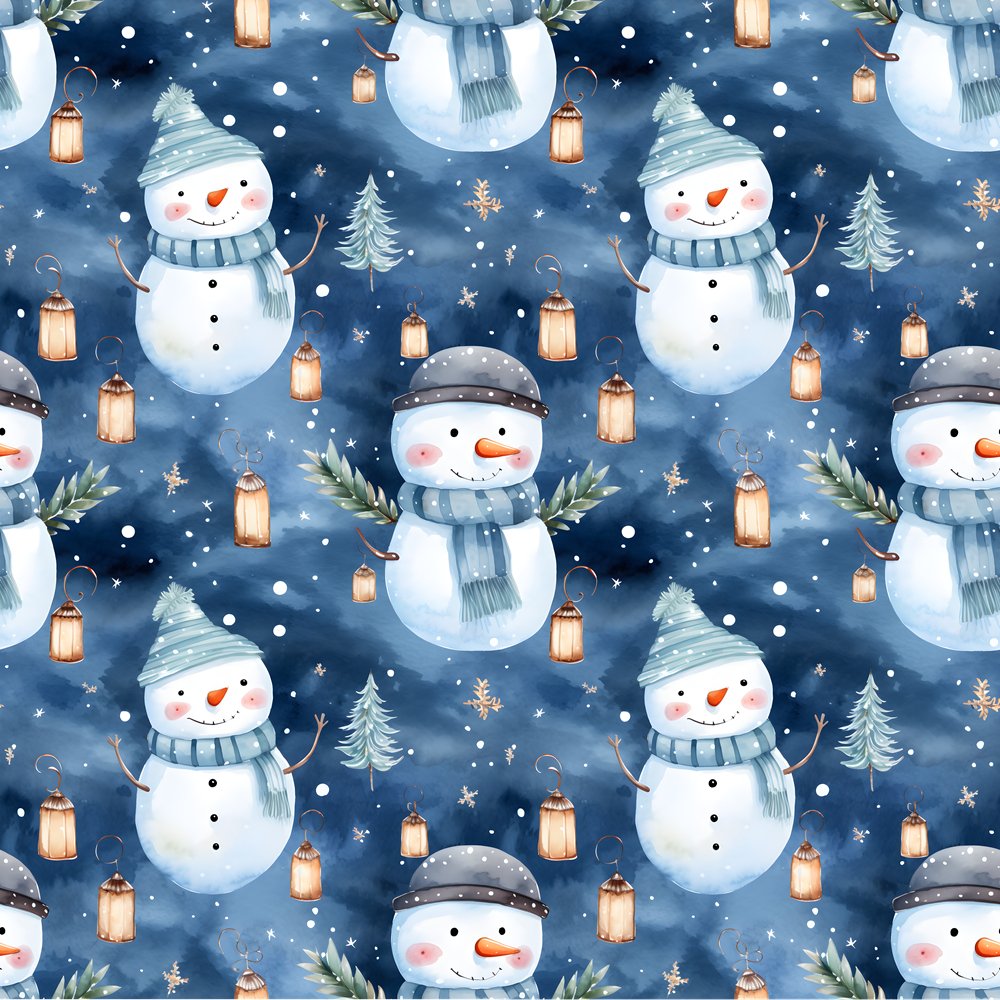 A Snowmans Winter at Night with Lanterns #1 Fabric