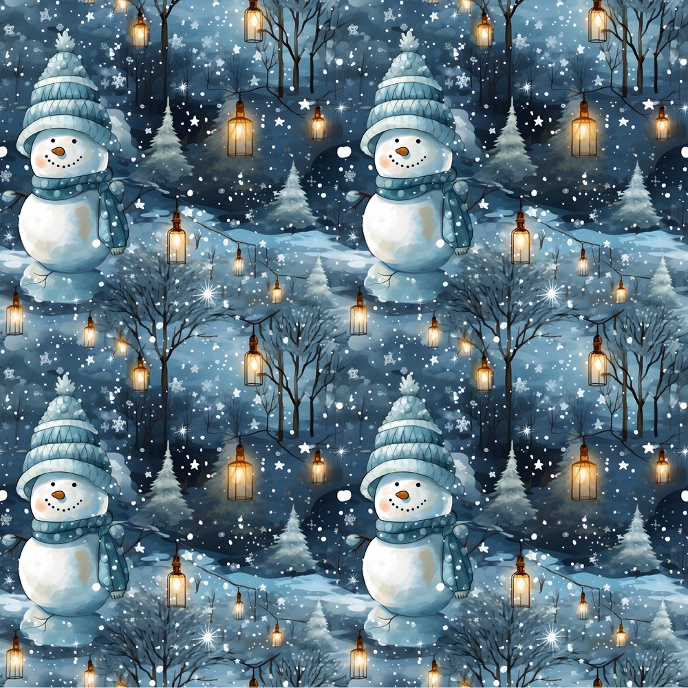 A Snowmans Winter at Night with Lanterns #2 Fabric
