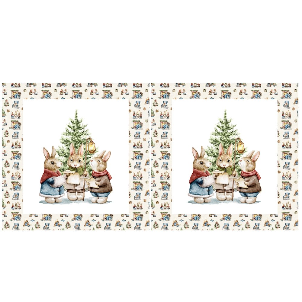 Three Caroling Bunnies Fabric Pillow Panel - Cream