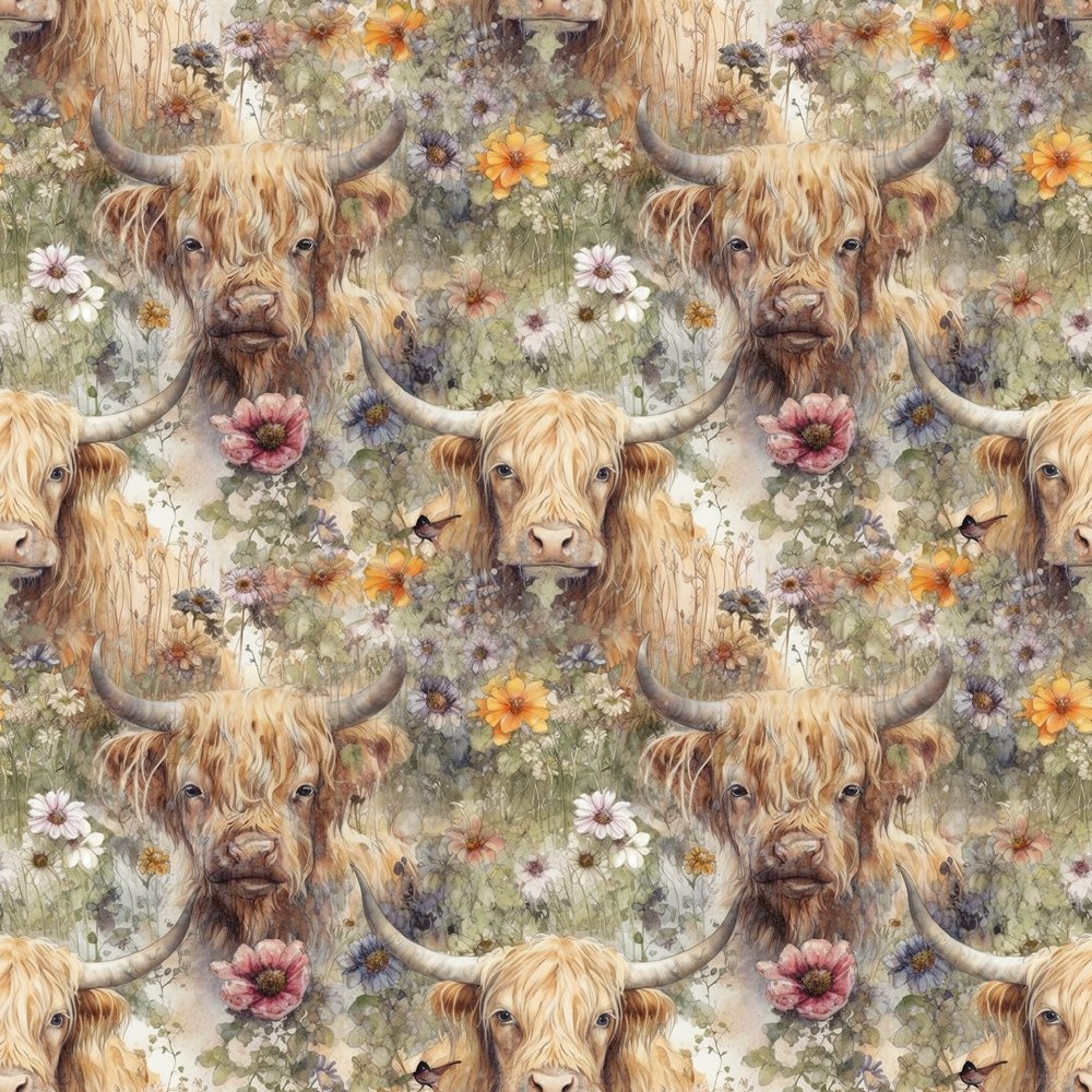 Vintage Floral Highland Cows Fabric