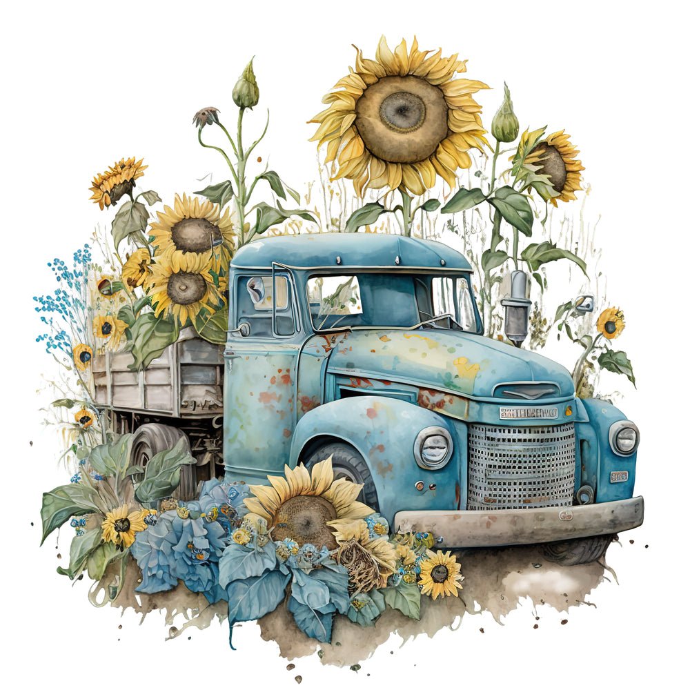 Vintage Truck & Sunflowers #3 Fabric Panel