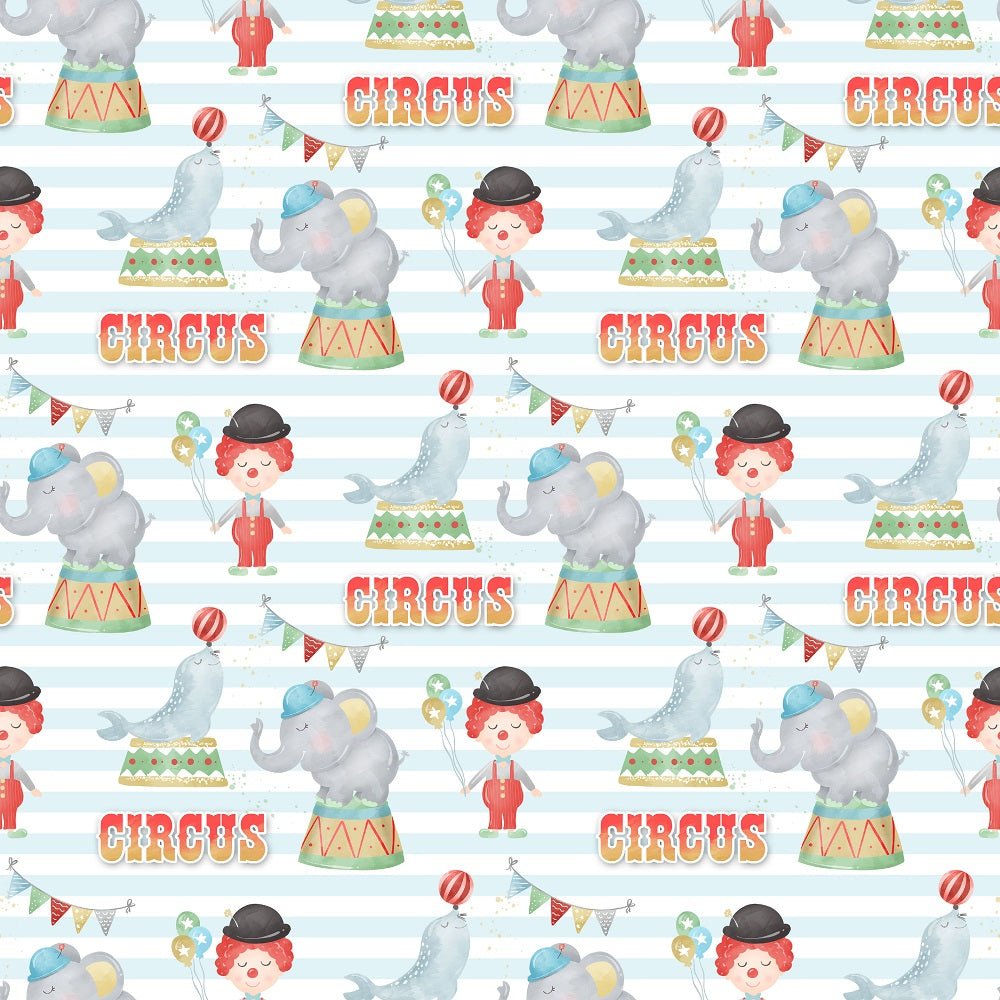 Watercolor Circus Scene 2 on Stripes Fabric - Blue